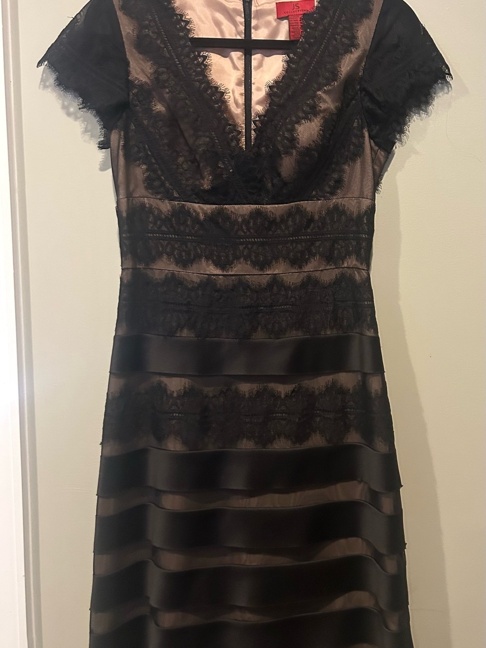 JS Collections Black Lace and Nude Illusion Midi Dress